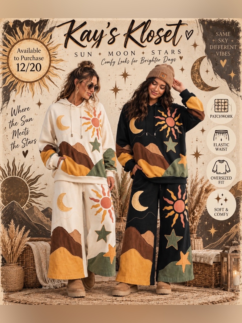 KK75–☀️🌙⭐️(ETA 12/20) PANTS Patchwork Sun, Stars & Moon wide leg pants